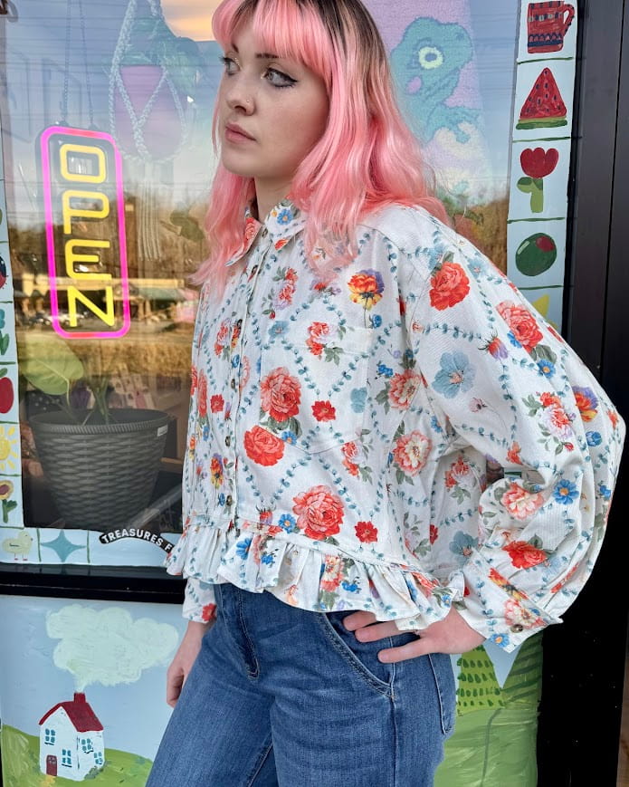 Vintage Bouquet Denim Blouse