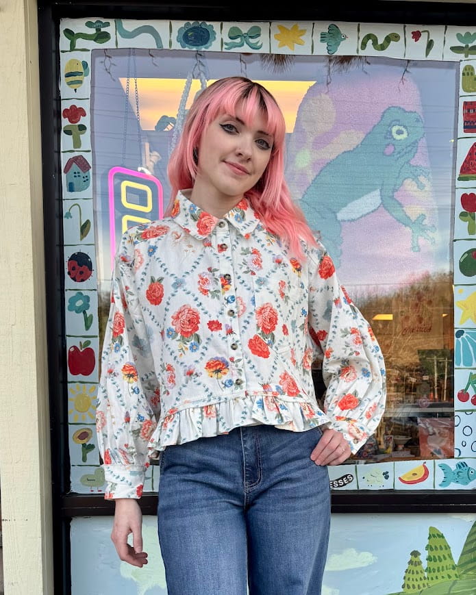 Vintage Bouquet Denim Blouse