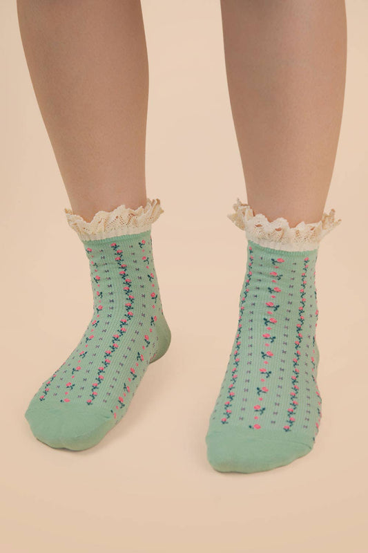 Teal Lace Trim Floral Crew Socks