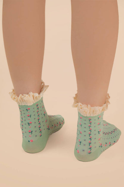 Teal Lace Trim Floral Crew Socks
