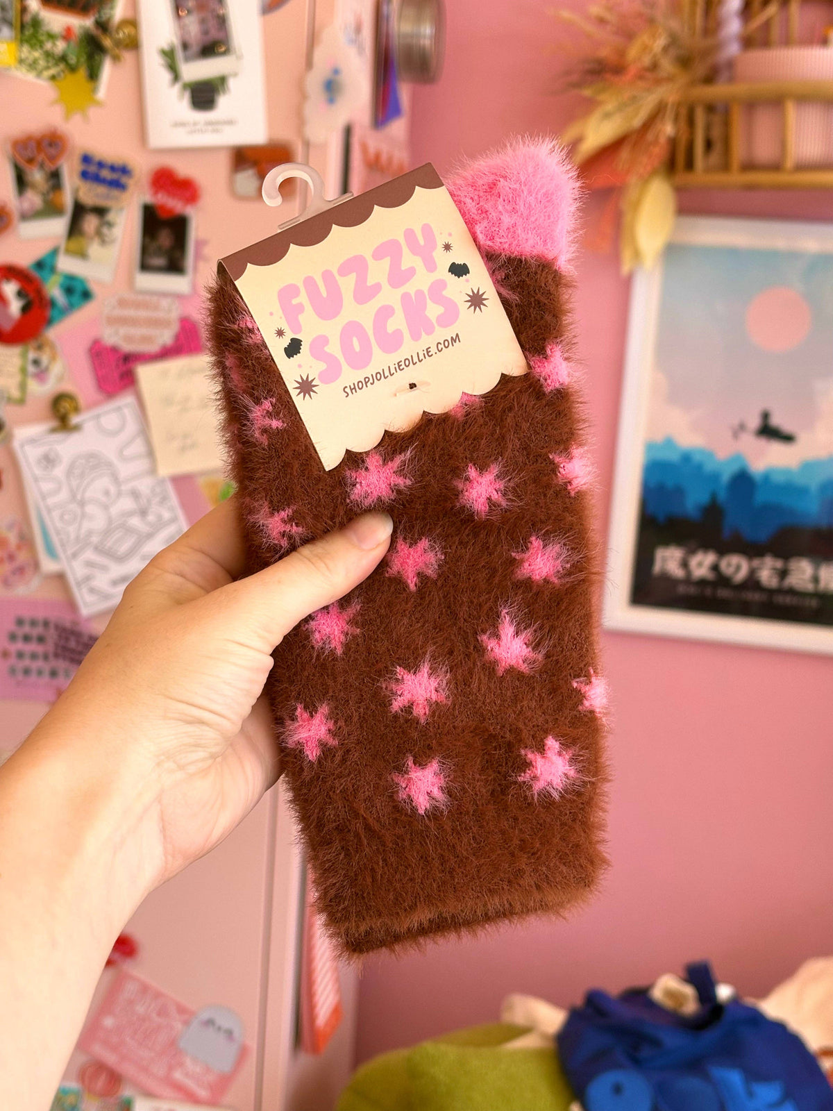 Brown + Pink Fuzzy Star Socks