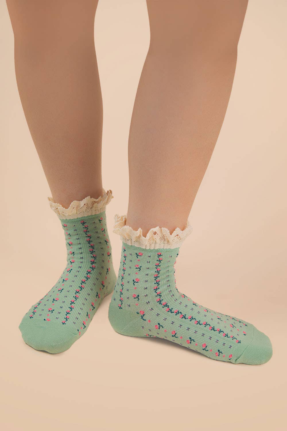 Teal Lace Trim Floral Crew Socks